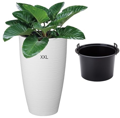 MELTOM Blumentopf Pflanzkübel Rund Hoch 58 cm Weiß mit Pflanzeinsatz | Ø 38,5 cm oben, 51 L, herausnehmbarer Einsatz 13,7 L mit Griffen, feines 3D-Wellenrelief, ohne Abflussloch, für innen