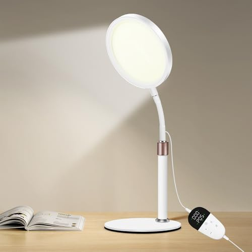 Relhafethy SAD Lamp 10000 Lux, UV-Free Light Therapy Lamp with Adjustable Height, Daylight Desk Lamp, 3 Colour Temperatures, 9 Brightness Levels & 15/30/45 Min Timer for Home Office