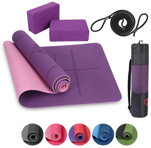 Habib Group Lot de 2 tapis de yoga avec blocs de yoga – Tapis d'entraînement rembourré antidérapant pour fitness avec sangle de yoga et sac – Lot de 2 blocs de yoga pour pilates, méditation,