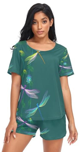 HMZXZ Damen Schlafanzug-Set Tier Libelle Blumen Sommer Pyjama Woman Set,Karikatur Loungewear und Shorts Lounge Set Sleepwear Nachtwäsche