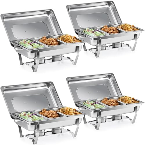 WILPREP Set med 4 varmhållningsfat buffé 9L GN1/3 bufféer varmhållningsfat matvärmare hopfällbara ramar rostfritt stål för restauranger fester bufféer middagar banketter (Set med 4-3×GN1/3)