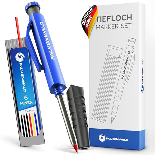 FALKENWALD® Tieflochmarker Bleistift [ + 7 Minen + Spitzer + Schreibgriff ] - Zimmermannsbleistift zum Markieren auf Stein Holz Metall Beton - Baustellen bleistift - Tischler Werkzeug
