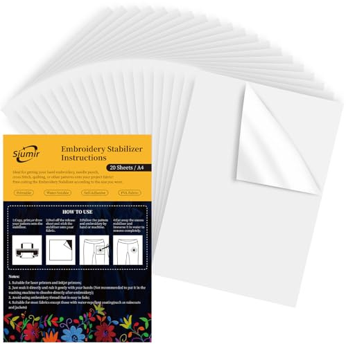 Siumir 20PCS Stabilizzatori per Ricamo, A4 (29.7x21cm) Idrosolubile Autoadesivo Stabilizzatori per Cucito, Carta da Ricamo Stampabile o Disegnabile per Ricamo a Mano e a Macchina
