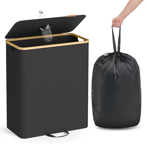 SONGMICS Pfandflaschen-Sammelbehälter, 135 L Pfandflaschen-Behälter, Flaschensammler Leergut, Recycling-Behälter, mit Loch, Deckel, Innensack mit Griffen, Küche, tintenschwarz-naturbeige RRB513B01