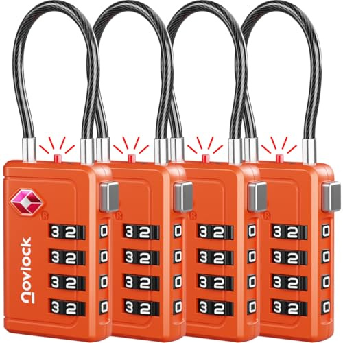 TSA Bagagelås med Alertindikator – 4-siffriga Kombinationslås med Flexibla Kabellås – För Resväskor, Kabinväska, Ryggsäckar, Bagage och Skåp – 4-pack orange