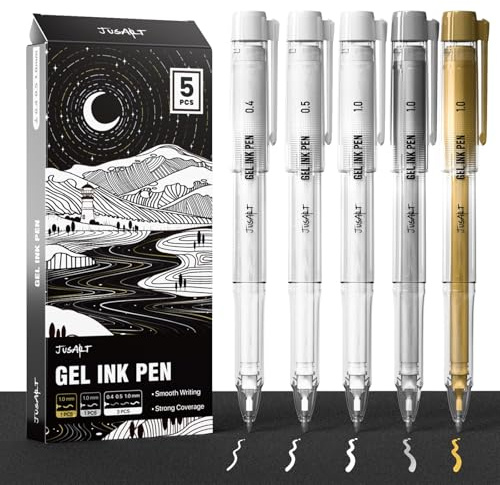 JusArt 5 bolígrafos blancos, dorados y plateados con puntas surtidas de 0,4 mm, 0,5 mm y 1,0 mm, bolígrafos de tinta opaca para papel negro, diarios, manualidades, artistas y suministros de arte