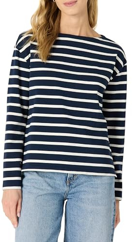 Amazon Essentials Langärmliges Damen-Top aus 100% Baumwolle, mit U-Boot-Ausschnitt, Marineblau, gestreift, Größe M