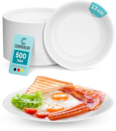 Commerline 500 Stück Rund Pappteller Ø23 cm | Hochwertige Einwegteller für Kuchen, Partys & Snacks | Einweggeschirr & Einmalgeschirr | Pappteller für Essen, Geburtstage & Catering