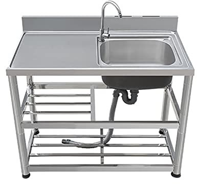 Fregadero de pie para Uso General, Fregadero portátil de Acero Inoxidable para Cocina Comercial con Protector contra Salpicaduras Alto y Banco de Trabajo, para restaurantes, lavanderías, Gar