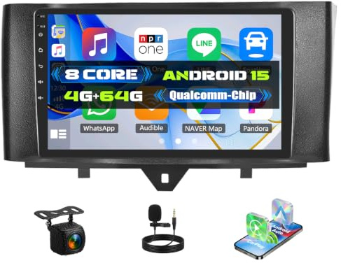Android 15, 4G+64G 8-Kern CAMECHO Qualcomm Autoradio für Mercedes Benz Smart Fortwo W451 2011-2015 Carplay Android Auto, 9 Zoll Auto Bildschirm 2Din mit GPS WiFi BT FM/RDS DSP SWC Rückfahrkamera+MIC