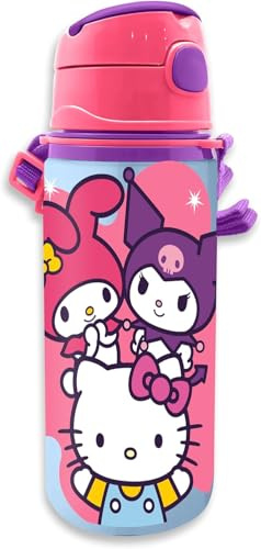 PELLECCHIA 1969 |Borraccia in alluminio con cannuccia da 600 ML | con cinghia per appenderla, apertura automatica con pulsante. (Hello Kitty)