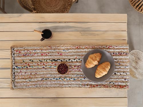 Aizza Trends Paquete de 3 caminos de mesa hechos a mano de yute natural y algodón blanco, ecológicos, para mesa de comedor, 33 x 213 cm