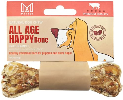 MERSJO ALL AGE HAPPY BONE, Funktionaler Kauknochen, Hundeleckerli mit Kaninchen, Karotte, Prebiotikum & Glucosamin – 10 cm, 35 g – Weicher Kausnack für Hunde, ideal für Gelenke & Verdauung, 100% Natur