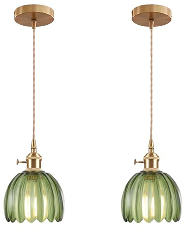 EKSED Vintage Pendelleuchte aus Glas mit Goldener E27-Fassung und Drehschalter, Lampenschirm in Blütenblattform, Hängelampe für Küche, Esszimmer oder Schlafzimmer (grün, 2 Stück)