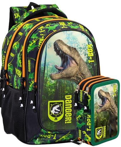 Deluxe Grundschul‑Set gefüllt Schulrucksack + 3‑Fach Federmäppchen 45 Teile – Klasse 3–6 – ergonomisch 43×33×15 cm – Geschenk für Jungen – Julian Ross T-Rex Dinosaurier