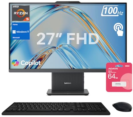Lenovo IdeaCentre Business All-in-One, 27 FHD Touchscreen 100Hz, AMD Ryzen 5 7535HS, 32GB DDR5 RAM, 1TB SSD, Webcam, Wireless KB & Mouse, Windows 11 Home, Bundle with Adata 64GB USB Flash Drive