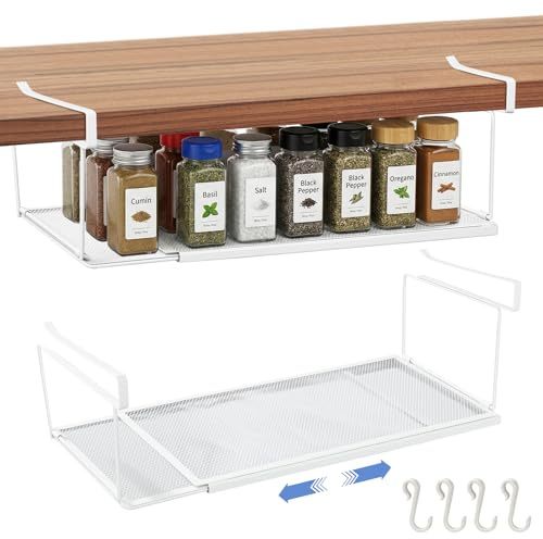 JIIKOOAI Expandable Under Shelf Storage | Under Metal Hanging Basket & Under Desk Storage Shelf Rack for Kitchen Cabinets, Shoe Bench & Plate Storage (White)