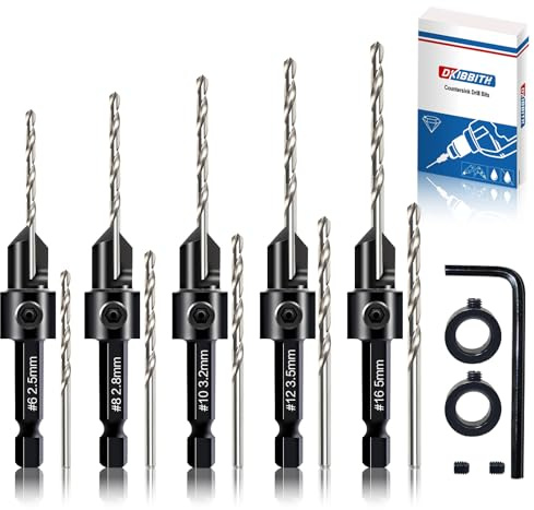 DKIBBITH 12-Piece Countersink Drill Bit Set with 5 Spare Bits, 2 Limit Rings, 1 Hex Key, 2 Screws & Case - 3-in-1 Wood Countersink Bit for #6#8#10#12#16 Screws, 82°Chamfer, Depth Adjustable.