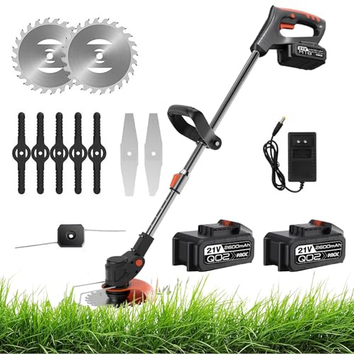 Desbrozadora eléctrica inalámbrica de 21 V, sin escobillas, corte con borde inalámbrico con 2 pilas 2600 mAh y 3 tipos de cuchillas, ligera a bajo ruido, almacenamiento extraíble, para jardín