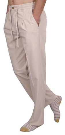 KIVONERA Mens Linen Trousers, Lightweight Cotton Yoga Pants with Elasticated Waist & Pockets Straight Legs Drawstring Trousers