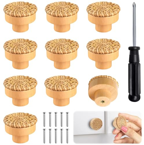 NINGYER 10 Stück Rattan Möbelknöpfe Mit 10 Schrauben und 1 Schraubendreher, 4 x 3 cm Möbelknöpfe Holz, Boho Deko Schränke, für Schränke, Schubladen, Wohnzimmer, Küchen