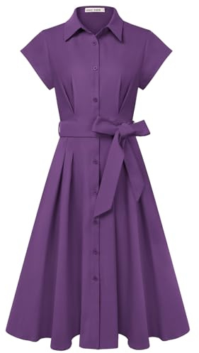 GRACE KARIN Robe midi à manches courtes pour femme, élégante, col à revers, boutons noués à la taille, robe chemise pour le travail, le mariage