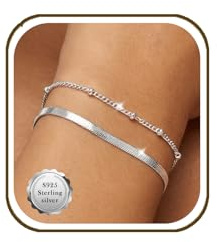 BMMYE 2 Pcs Silver Bracelet for Women 925 Sterling Silver Bracelets | Hypoallergenic Layered Chain Silver Bracelets Adjustable Stackable 14K Gold Bracelets Set with Cubic Zirconia Gift for Her
