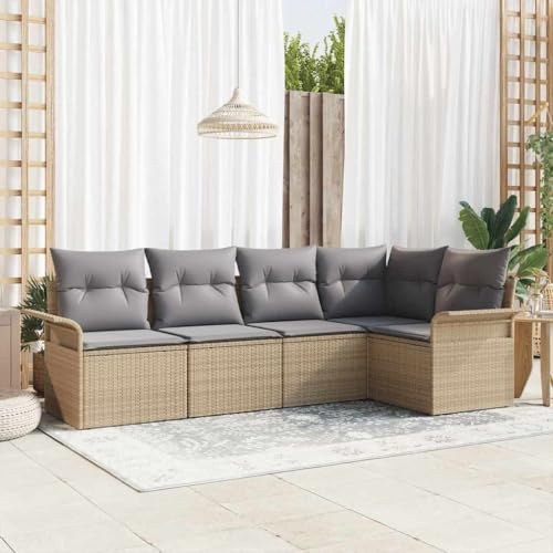 QUAHEAS Gartensofa-Set 5-teilig Beige aus Poly-Rattan, modulares Loungeset mit Kissen, höhenverstellbarem Tisch und Stauraum für Terrasse, Balkon, wetterfest