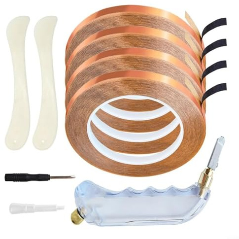 GLFLOW Lot de 4 rouleaux de ruban adhésif en cuivre pour vitrail, kit d'outils de coupe de verre avec ruban adhésif en feuille de cuivre doublé noir pour vitrail, 4 rouleaux de 1,9 cm, 36 m