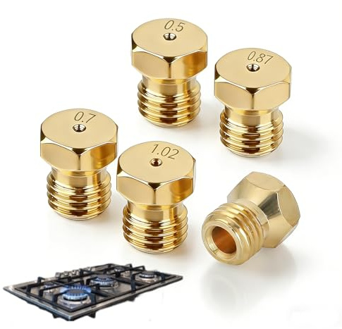 5 Piezas Boquillas de Repuesto para Cocina Gas Butano, Inyectores para Encimera de Gas Butano y Propano GLP, Apto para Quemadores de Cocina de Gas - Rosca M6 con Medidas 1x0.5, 2x0.7, 1x0.87, 1x1.02