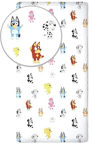 Sábana Bajera Ajustable Bluey Blanca 100% Algodón Suave | Sábana para Cama Individual con Esquinas Elásticas 90x200 + 25 cm | Sábana Infantil Oficial Bluey