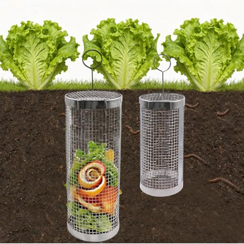 2 pièces Bac à Compost enterré pour vers Bac à Compost extérieur en Acier Inoxydable Composteur Bio avec Couvercle et Trous d'aération pour déchets de Cuisine 2 Tailles