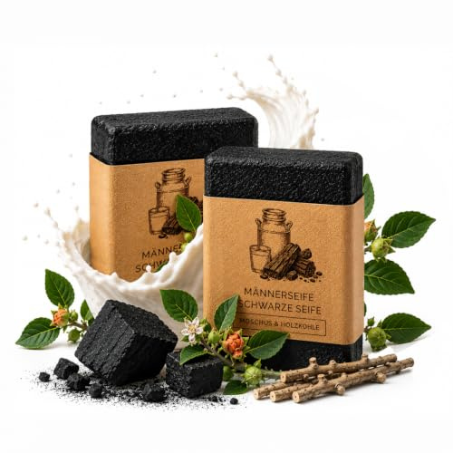 TBS handgemachte sanfte Schwarze Seife für Männer mit Moschus – 2x100 g – für Akne, fettige & Mischhaut mit Aloe Vera, Ashwagandha & Grüntee