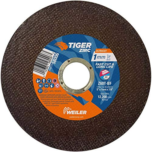 Weiler 58006 5 Inch Cutting Wheel, Tiger Zirc Steel/Metal Ultracut 1 mm Fast Cut & Long Life High Performance Thin Cutting, 1mm Z60T Type 1 7/8 Arbor, Pack of 50
