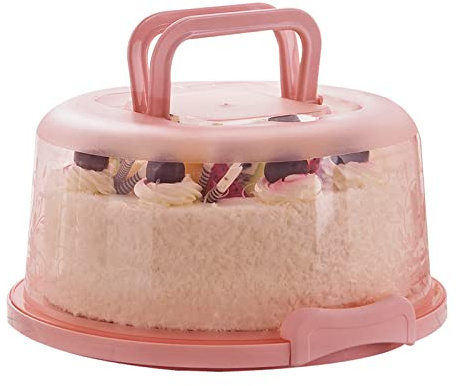 FEOOWV Plastic Small Cake Carrier Holder Cover Round Container with Collapsible Handles Suitable for 7 inch Diameter and 2.5 inch Height Cake (Pink)