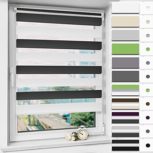 Magiea Doppelrollo Klemmfix ohne Bohren & mit Bohren, Schwarz-weiß B40 x H130 cm Stoffbreite 36 cm, Klemmrollo lichtdurchlässig und Blickdicht, Fensterrollo Sonnenschutzrollo für Fenster