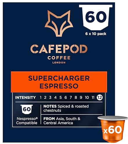 CafePod Supercharger Nespresso Compatible Coffee Pods 60 Capsules | Intensity 12 espresso capsules, rich caramelised chestnut notes – Rainforest Alliance sourced aluminium pods