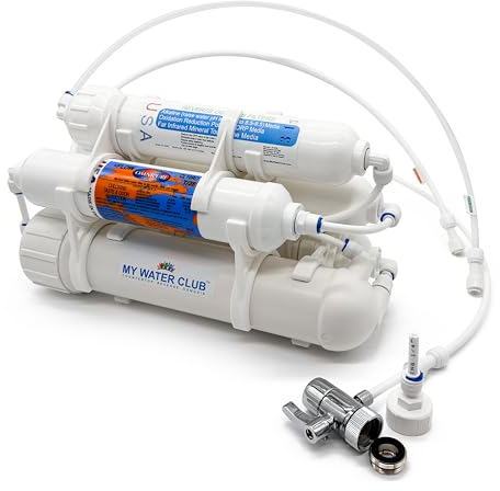 Alkalisch (erhöhter pH-Wert), 5-stufiges Umkehrosmose-Wasseraufbereitungssystem mit Doppelanschluss (Wasserhahn/Garten), 100 GPD Membran