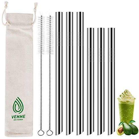 VEHHE Reusable Boba Straws 0.5 Wide Smoothie Straws Metal Straws with Case, 6pcs Stainless Steel Straws(9.5inches, 8.5inches) with 2 Brushes, Great for Bubble Tea, Milkshakes and Boba Pearls