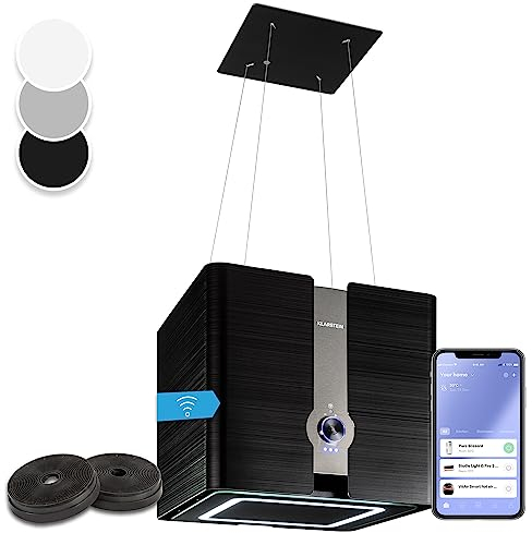 Klarstein Futurelight Smart - Cappa Aspirante, Funzione di Ricircolo con una Potenza Aspirante di 420m³/h, Cappa a Isola con Illuminazione a LED, Acciaio Inox, Nero