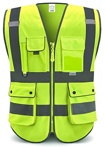 XIAKE High Vis Vests 8 Pockets Reflective Safety Vest Waistcoats for Men Women, Meets ANSI/ISEA Standards(Yellow,Large)