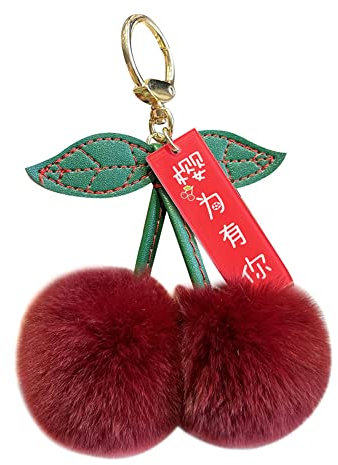 iSpchen Pom Pom Schlüsselanhänger süßer Kirsch Kunstfell Pompon Schlüsselbund Anhänger Charme Schlüsselringe Plüsch Bommel Taschenanhänger Ornamente Schlüssel Anhänger Organizer