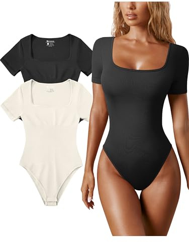 OQQ Women's 2 Piece Bodysuits Sexy Ribbed One Piece Square Neck Short Sleeve Bodysuits Black Beige