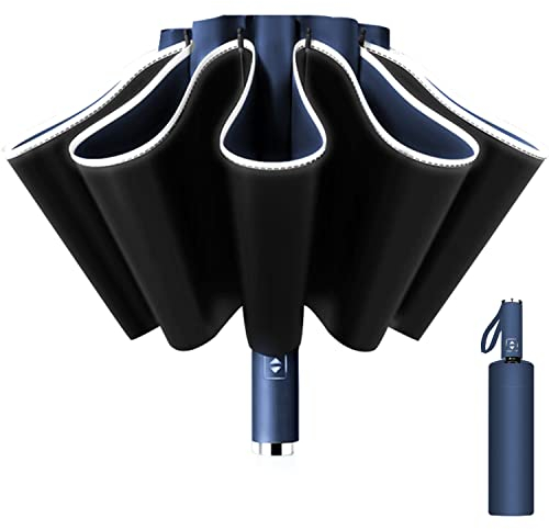 Regenschirm Sturmfest, Taschenschirm Groß für Herren und Damen, Umgekehrter Regenschirm 10 Rippen, Automatisch Auf und Zu, kompakt, Durchmesser 105 cm (Dunkelblau)