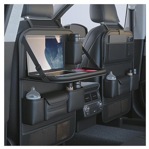 Primst 2 Pack Leather Car Backseat Organizer with Foldable Table Tray, Car Storage Organizer with Tablet Holder, Car Seat Back Protectors Kick Mats Travel Accessories