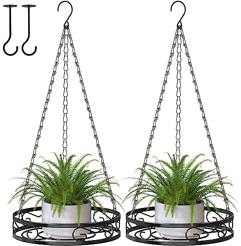 Bomclap Lot de 2 jardinières suspendues en métal, noires, pots de fleurs avec chaînes et crochets de plafond, usage intérieur et extérieur