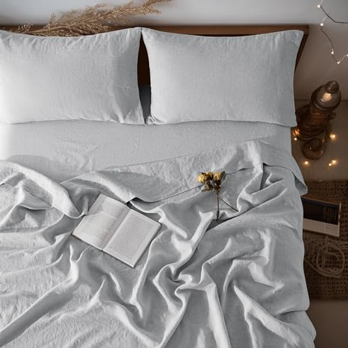 LBRO2M 100% Pure Linen Sheet Set Deep Pocket Up to 16 Bed Sheets Sets, Natural Flax Beddings Soft, Breathable, Comfortable for All Seasons 4 Pcs Sheet Set Queen Size, Grey