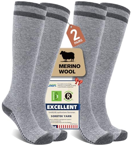 SONORAN 2 Pairs Merino Wool Compression Socks for Men Women, Knee High Winter Thermal Thick Warm for Cold Weather Christmas Gift L/XL Gray