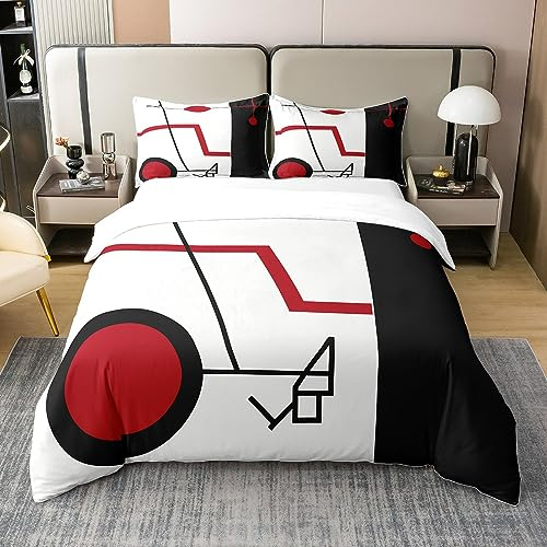 Homewish Funda de edredón de rayas circulares de algodón, juego de cama de 140x200 geometría lineal negro blanco rojo, conjunto de ropa de cama circular con remolinos, funda de edredón geométrica