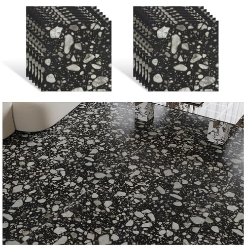 VEELIKE Dalle PVC Adhesive Sol Effet Granit Noir Carreaux Adhesif Cuisine Terrazzo Noir Carrelage Adhesif Sol Salle de Bain Imperméable Dalle PVC Garage 1.5mm 30cm × 30cm 12 Pièces